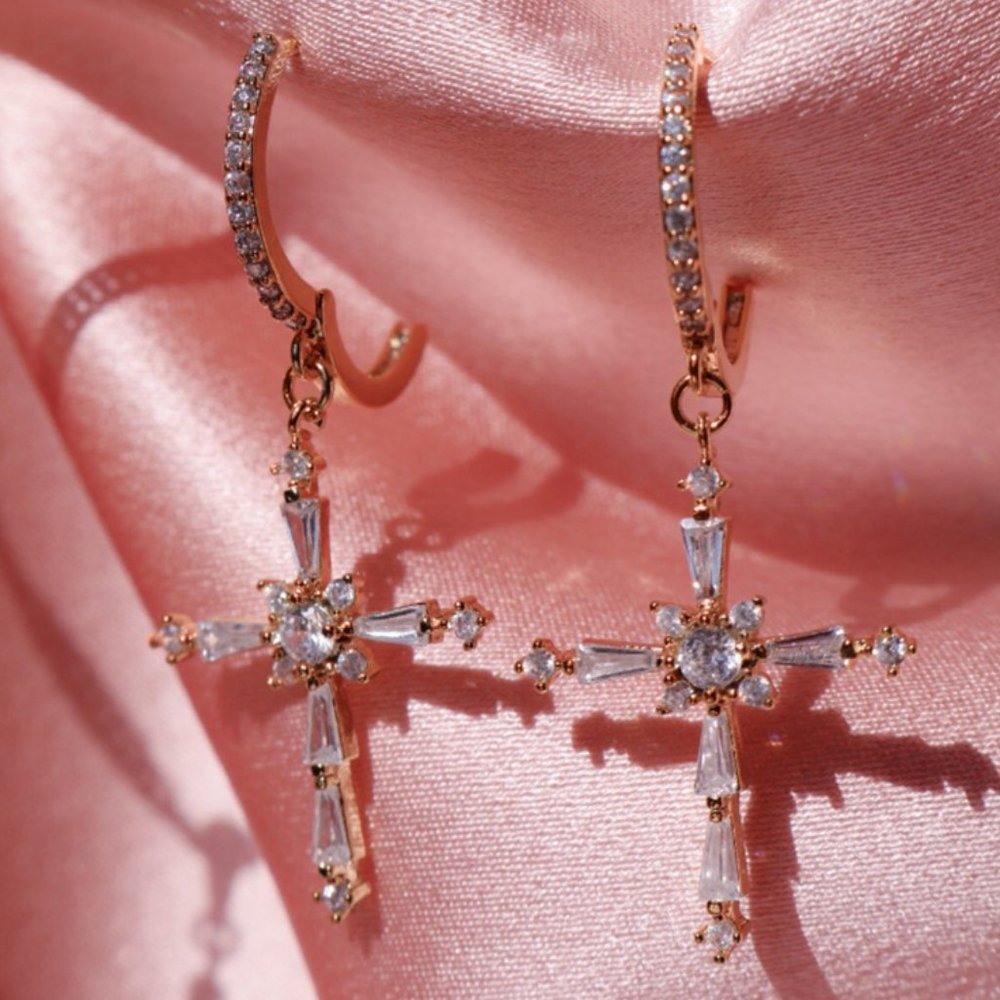 NEW Rose Gold Diamond Cross Huggie Hoop Earrings